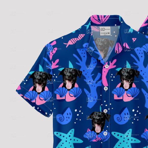 Navy blue Hawaiian shirt featuring playful dog photo design