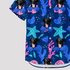 Navy blue Hawaiian shirt featuring playful dog photo design