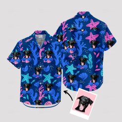 Navy blue Hawaiian shirt featuring playful dog photo design