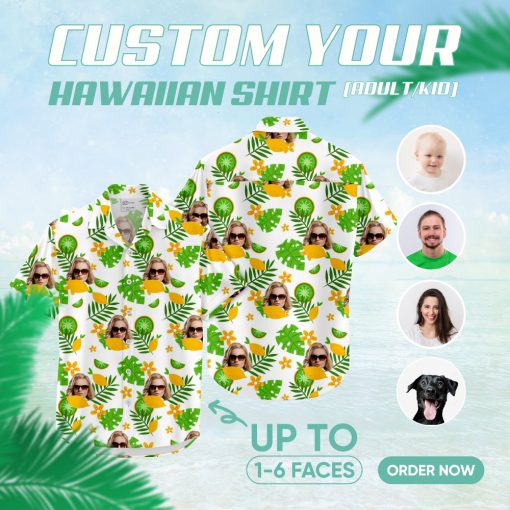 White short sleeve women's Hawaiian shirt with custom face print