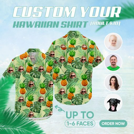 Women's Hawaiian shirt with custom face and tropical fruit design