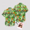 Women's Hawaiian shirt with custom face and tropical fruit design