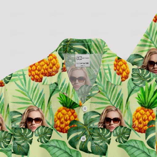 Women's Hawaiian shirt with custom face and tropical fruit design