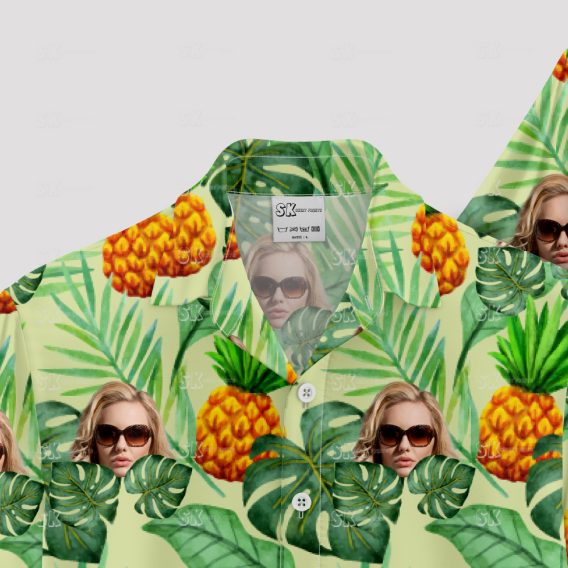 Women's Hawaiian shirt with custom face and tropical fruit design