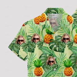 Women's Hawaiian shirt with custom face and tropical fruit design