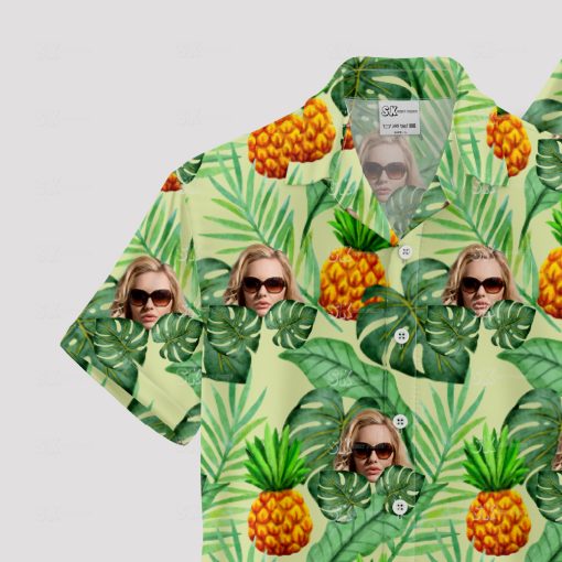 Women's Hawaiian shirt with custom face and tropical fruit design