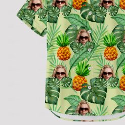 Women's Hawaiian shirt with custom face and tropical fruit design