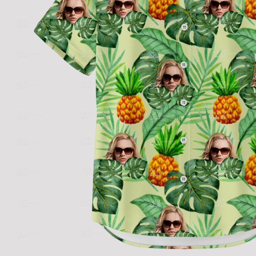 Women's Hawaiian shirt with custom face and tropical fruit design