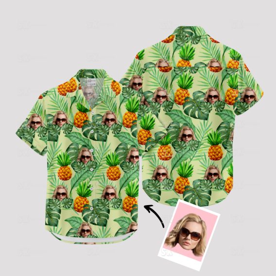 Women's Hawaiian shirt with custom face and tropical fruit design