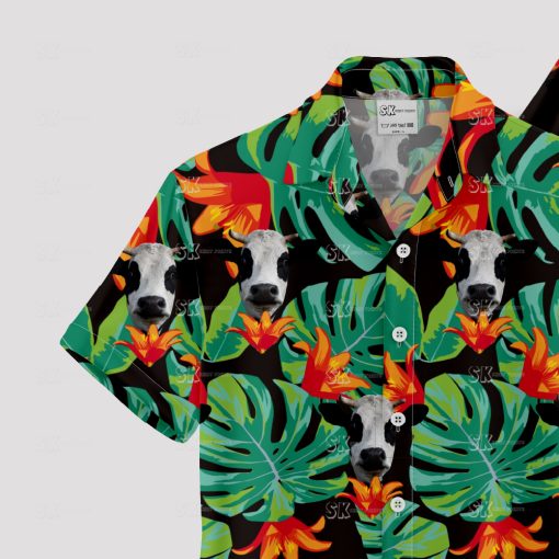Black tropical cow Hawaiian shirt with vibrant cattle print design
