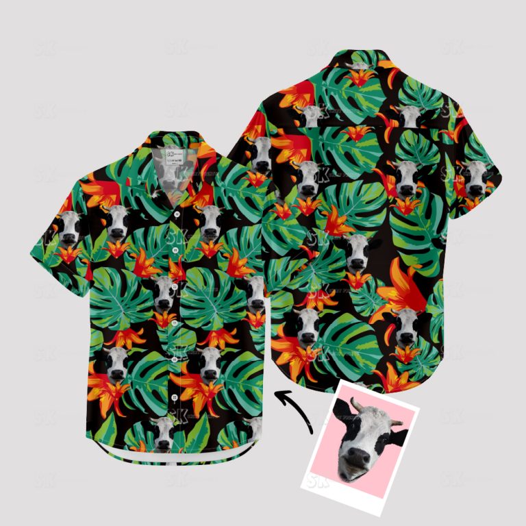 Black Cow Hawaiian Shirt – Custom Face Print with Tropical Cattle Design