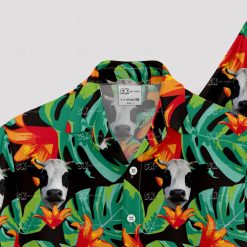 Black tropical cow Hawaiian shirt with vibrant cattle print design