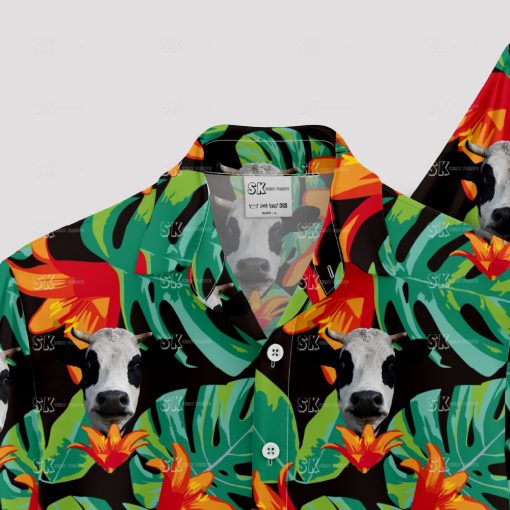 Black tropical cow Hawaiian shirt with vibrant cattle print design