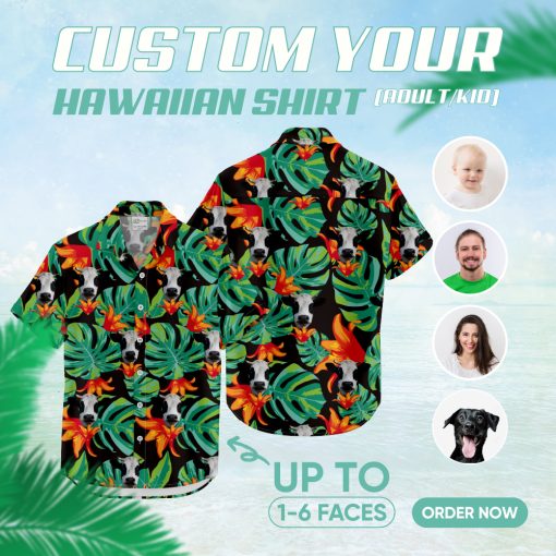 Black tropical cow Hawaiian shirt with vibrant cattle print design