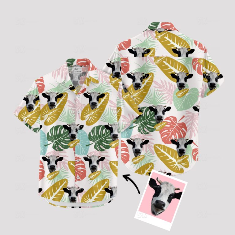 Cow Print Hawaiian Shirt with Custom Photo – Black White Cattle Pattern