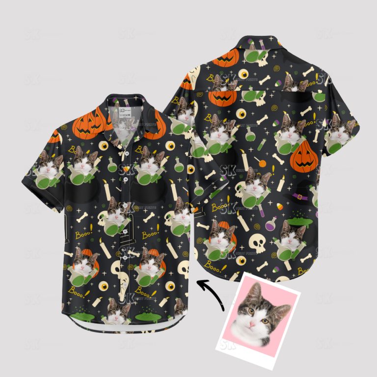 Custom Cat Hawaiian Shirt Halloween Design with Spooky Pumpkin Pattern