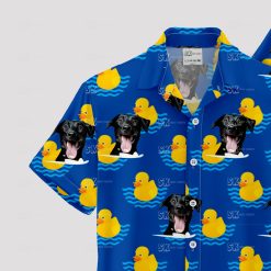 Blue Hawaiian shirt with black dog faces and yellow rubber ducks