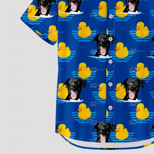 Blue Hawaiian shirt with black dog faces and yellow rubber ducks