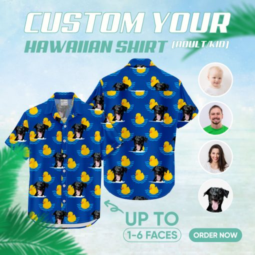 Blue Hawaiian shirt with black dog faces and yellow rubber ducks