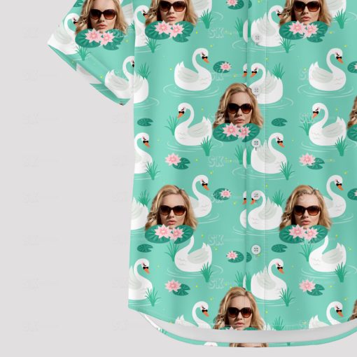 donald duck hawaiian shirt with swans and sunglasses face on turquoise