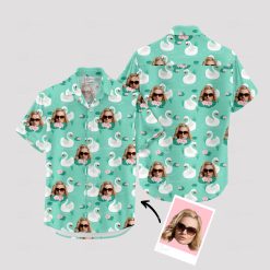 donald duck hawaiian shirt with swans and sunglasses face on turquoise