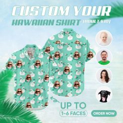 donald duck hawaiian shirt with swans and sunglasses face on turquoise