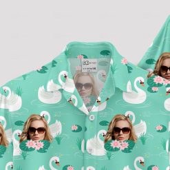 donald duck hawaiian shirt with swans and sunglasses face on turquoise