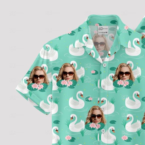 donald duck hawaiian shirt with swans and sunglasses face on turquoise