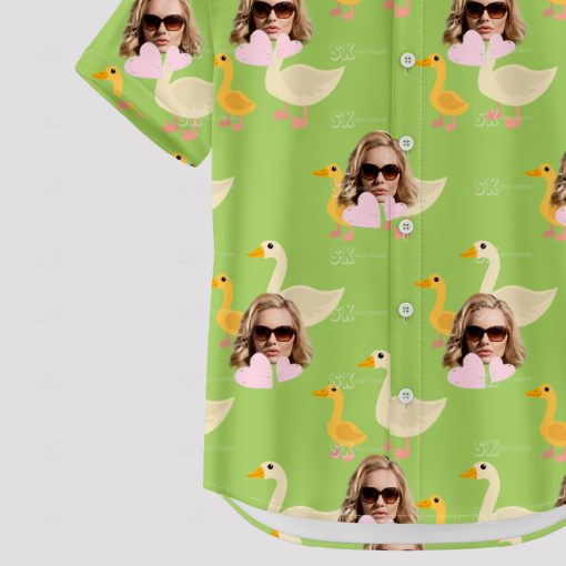 funny green Hawaiian shirt for women with ducks and sunglasses