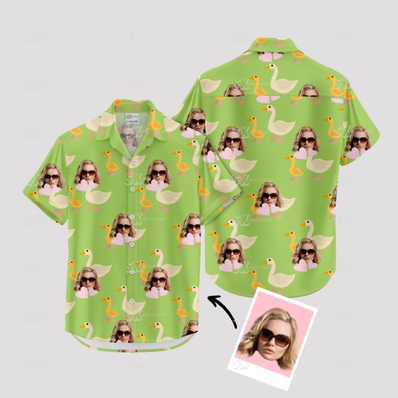 funny green Hawaiian shirt for women with ducks and sunglasses