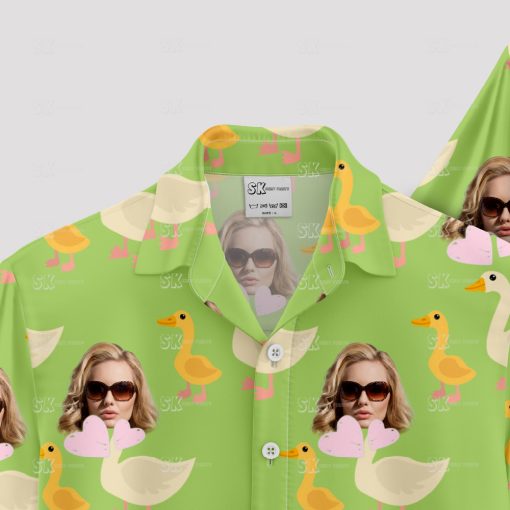 funny green Hawaiian shirt for women with ducks and sunglasses