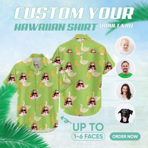 funny green Hawaiian shirt for women with ducks and sunglasses
