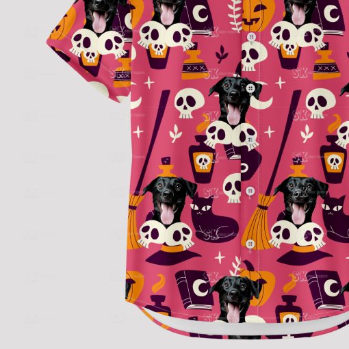 halloween themed hawaiian shirt with spooky and tropical designs