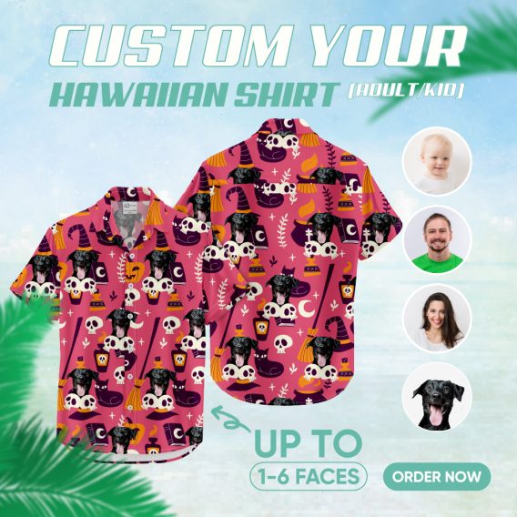 halloween themed hawaiian shirt with spooky and tropical designs