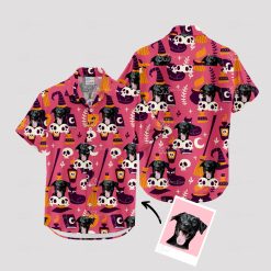 halloween themed hawaiian shirt with spooky and tropical designs