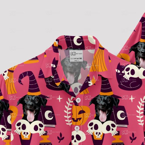 halloween themed hawaiian shirt with spooky and tropical designs