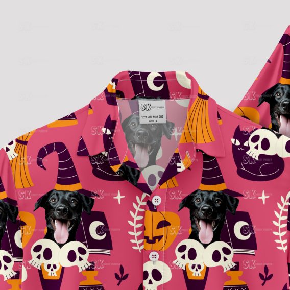 halloween themed hawaiian shirt with spooky and tropical designs