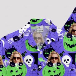 Womens halloween hawaiian print shirt with spooky and colorful patterns