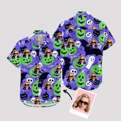 Womens halloween hawaiian print shirt with spooky and colorful patterns