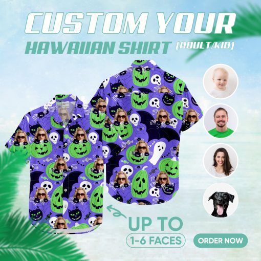 Womens halloween hawaiian print shirt with spooky and colorful patterns