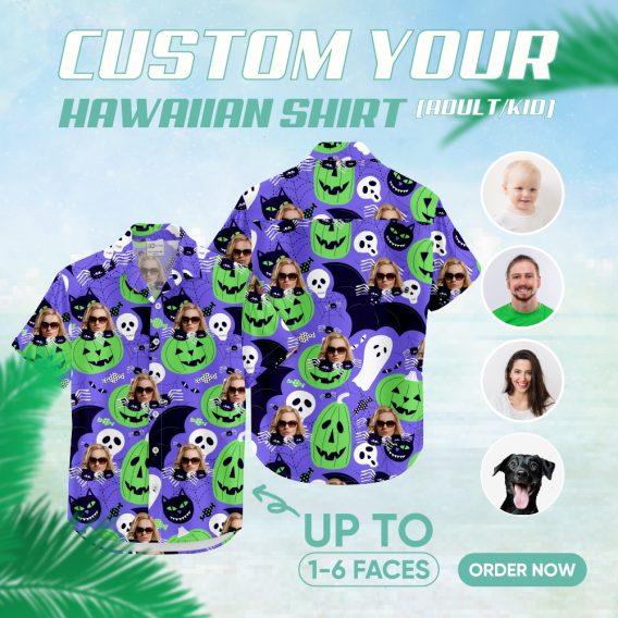 Womens halloween hawaiian print shirt with spooky and colorful patterns