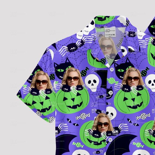 Womens halloween hawaiian print shirt with spooky and colorful patterns