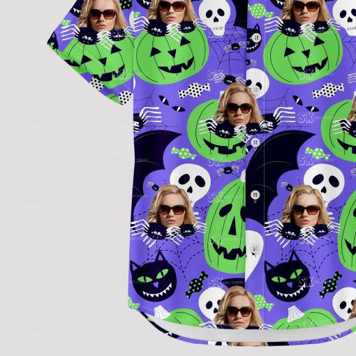 Womens halloween hawaiian print shirt with spooky and colorful patterns