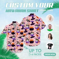 Pink Hawaiian shirt featuring cat face, perfect for Halloween parties