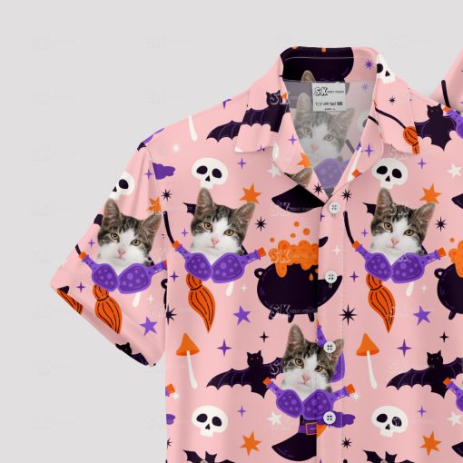 Pink Hawaiian shirt featuring cat face, perfect for Halloween parties