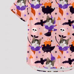 Pink Hawaiian shirt featuring cat face, perfect for Halloween parties