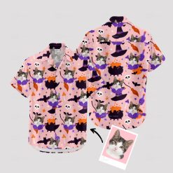 Pink Hawaiian shirt featuring cat face, perfect for Halloween parties