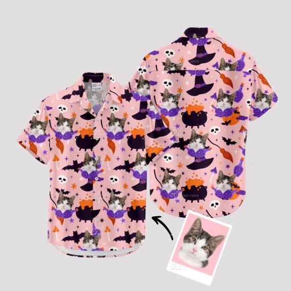 Pink Hawaiian shirt featuring cat face, perfect for Halloween parties