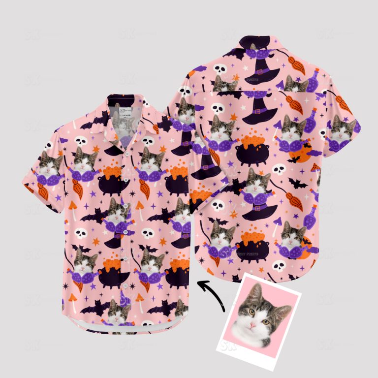 Funny Cat Face Halloween Hawaiian Shirt – Pink Custom Animal Print