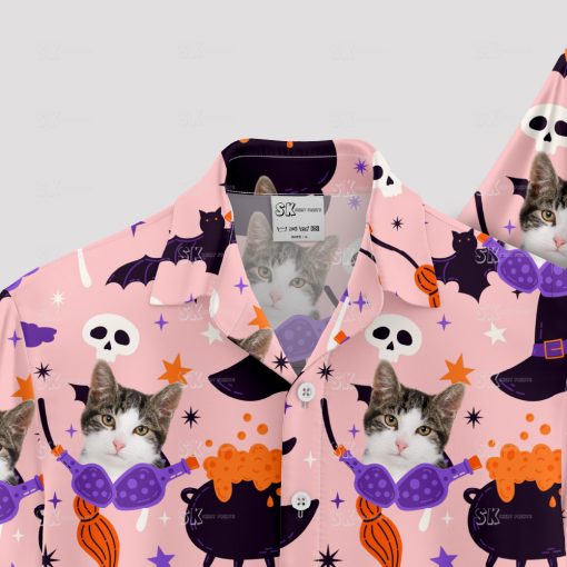 Pink Hawaiian shirt featuring cat face, perfect for Halloween parties